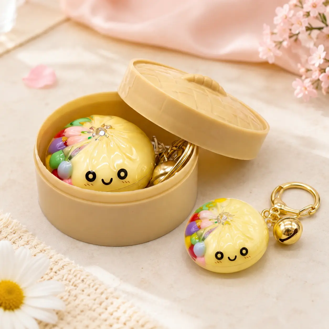 Glitter Sand Dumpling Keychain, Kawaii 3D Steamed Bun Food Bag Charm, Novelty Sensory Fidget Pendant for Backpack Purse, Cute Collectible Key Ring Gift for Teens & Girls