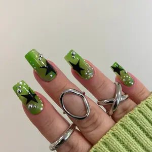 STARS ON GREEN Art Freestyle Swirls Press on Nails, Gothic Green Star Silver Chrome Inspired Custom Hand-painted Almond Reusable Fake Nails