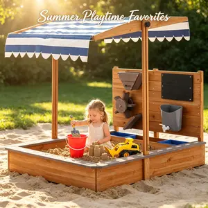 Linor Kids Wooden Sandbox with Roof, Canopy, Adjustable Cover, Sand Funnel, and Drawing Board for outdoor fun in the backyard or beach