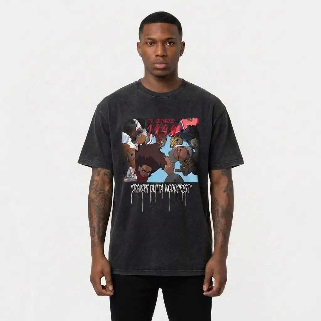 The Boondocks “Straight Outta Woodcrest” Mineral Wash T Shirt, Huey Riley Collage Graphic Tee, Vintage Washed Urban Streetwear Anime Shirt, Black Culture Meme Tee, Gift for Boondocks Fans