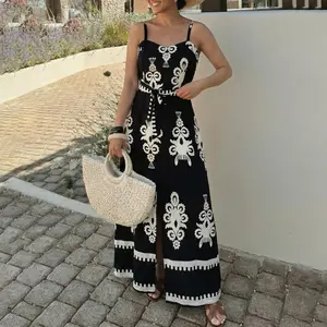 ChicMe Women's Vintage Baroque Print Adjustable Spaghetti Straps Shirred Back Vacation Dress Casual Cinched Waist Front Slit Maxi Dress/Seaside Vacation Sleeveless Skirt with Belt