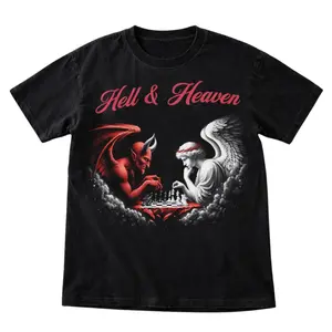 Heaven Hell Graphic Print T-Shirt, Angel vs Devil Chess Aesthetic Tee, Good vs Evil Gothic Streetwear Shirt, Dark Light Contrast Graphic Tee, Casual Everyday Outfit Top