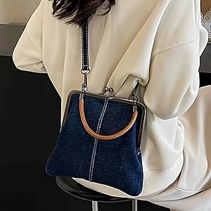 Denim Crossbody Tote Bags For, Mini Blue Denim Totebag Kiss Lock Purses And Handbags Accessories