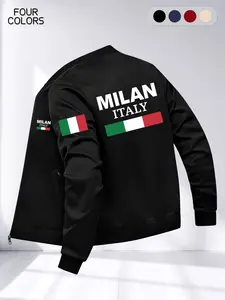 Men's Zipper Jacket with Italian Flag Letter Print, Regular Fit Long Sleeve Casual Outerwear, Spring & Fall Fashion Clothing