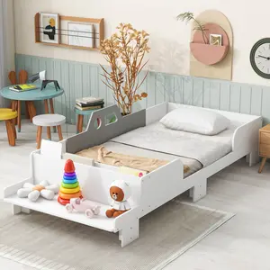 Car-Shaped Twin Wood Bed with Bench,Stylish and minimalistic Design，with Book Storage Groove，White