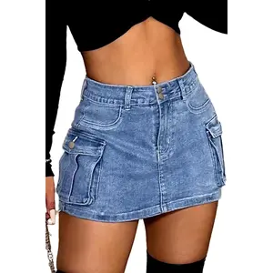 High Stretchy Denim Cargo Skort for Women, High Waist, Casual Mini Y2K Jean Skirt Shorts with Pockets