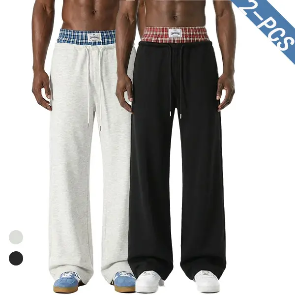 Unisex two-pack joggers with double waistband, washed loose fit; wide-leg patchwork casual pants with pockets; comfortable to wear, suitable for everyday outings or leisure activities. Men's Fit Relaxed Sweatpants