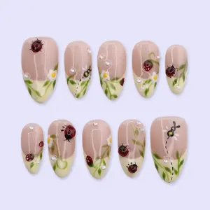 Spring Ladybug Garden Press On Nails | Daisy & Green French Tip in Medium Almond | Handmade Floral Fake Nail Set