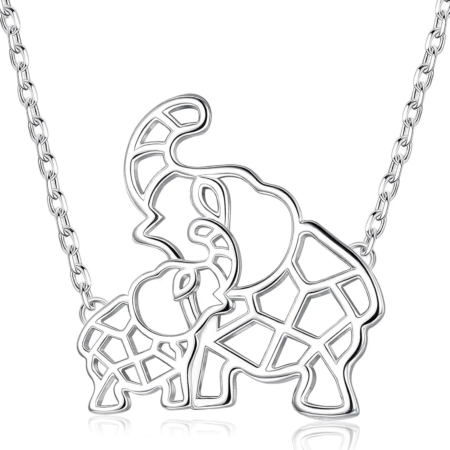 FINREZIO 1 Pc 925 Sterling Silver Silvery Mother-Baby Elephant Pendant Chain Necklace for Women, Openwork Geometric Cutout Dainty Minimalist Elegant Family Jewelry, Perfect for Daily Wear Mother's Day Gifting