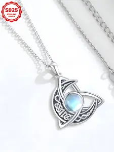 Women's S925 Sterling Silver Elegant Design Boho Style Celtic Knot Moonstone Pendant Necklace, Casual Fashion Chain, Daily Wear Gift Jewelry