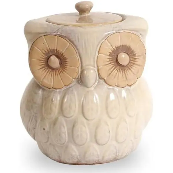 Ceramic Owl Cookie Jar with Lid - Gold Glaze, 6.5 lb Capacity Utility Food Carrier, Rustic Vintage Home Organizer Canister for Kitchen Countertop, Flour Storage