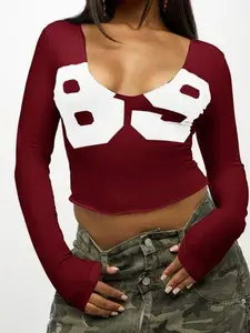 SUMWON Plus Size Long Sleeve Graphic Print Crop Top With Red Design For Casual Everyday Wear