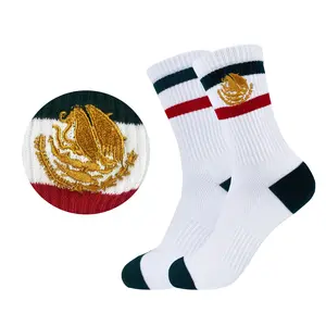 Retro Mexican Pride Crew Socks - Gold Embroidered Striped Streetwear Socks
