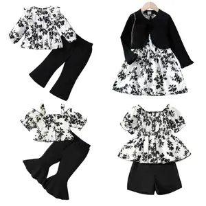 Ready Stock Baby Girls 2PCS Outfits Long Sleeve Round Neckline Floral Tops Pants Set Black 22105025 Dresses Shorts