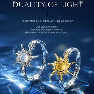 KONPJE Crystal Sun Totem Spinner Ring for Women - Unique, Jewelry, Adjustable Trendy, Beautiful Finger Rings, Adjustable Statement Jewelry Gift, Unique Rings