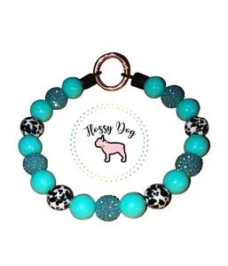 Cow Print & Aqua Beaded Dog Collar | Custom Rhinestone Dog Necklace |  Luxury Jewelry For Pets |  Durable Bead Collars