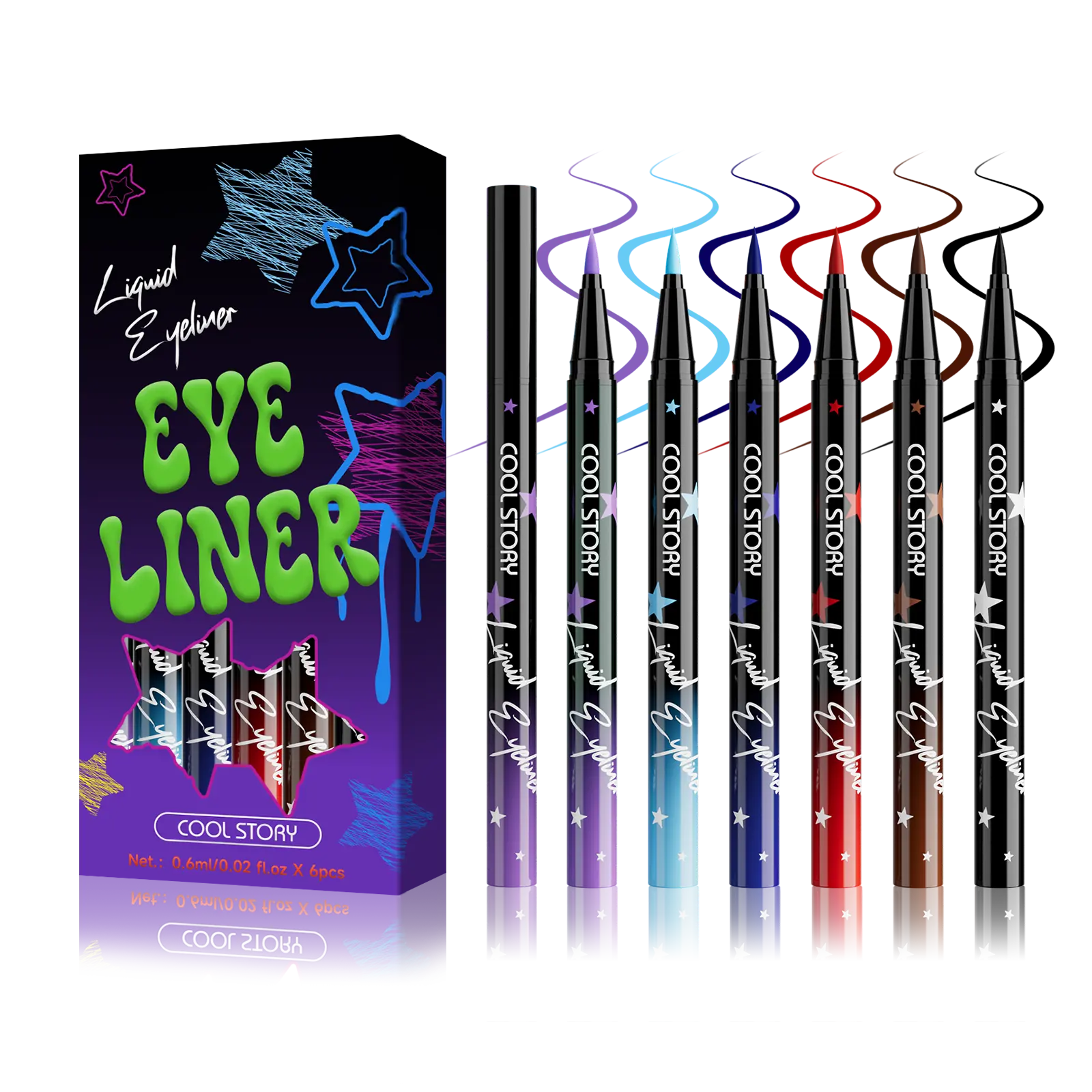 Cool Story Set-A 6 Bright Pastel & Neon Colored Liquid Eyeliner Tube Multi-Pack, Waterproof, Sweatproof, Smudge-Proof Fine-Tip Beauty Products for Neon Festival Eye Makeup Product, Cosmetic, Brush