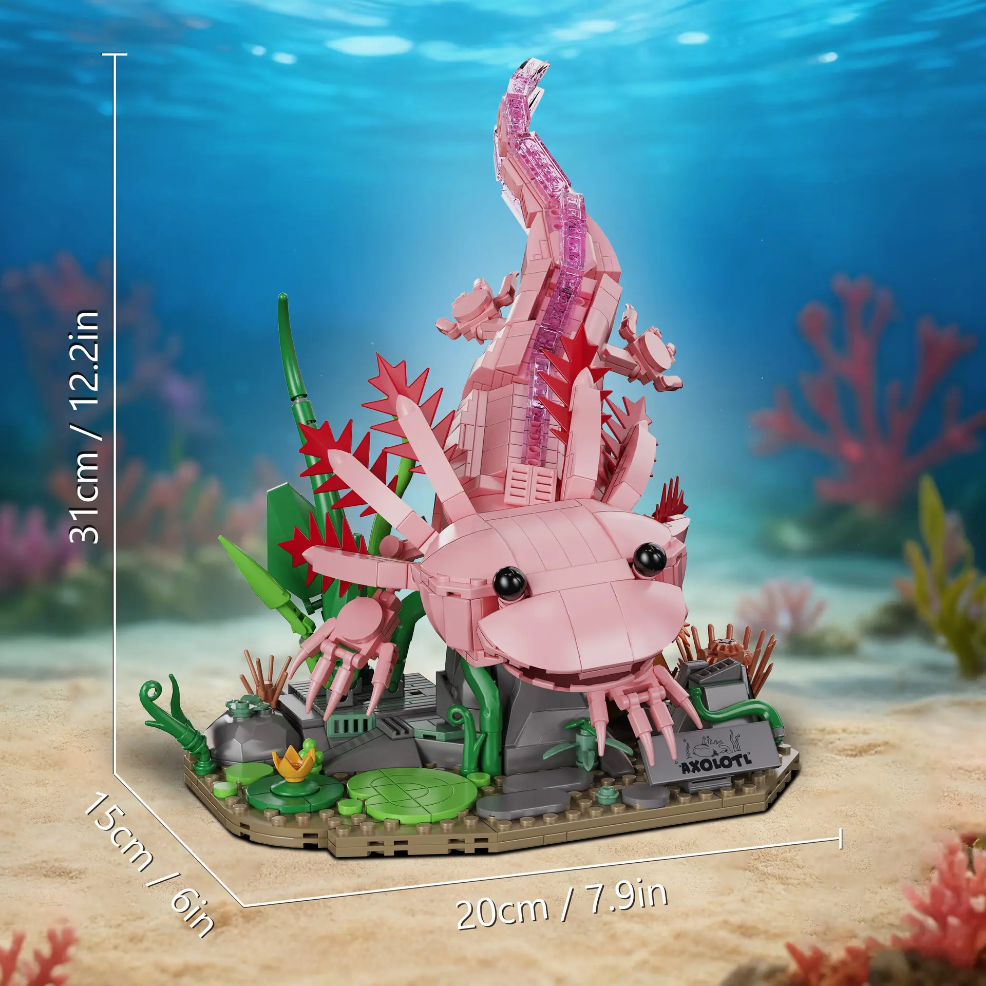 Pink Axolotl Construction Building Blocks Set - 31cm Fantasy Animal Plastic Bricks & Parts Model Kit, Luminous Dual Form Creative DIY Learning Assembly Toy, Collectible Gift for Teens, Desk Display Decor