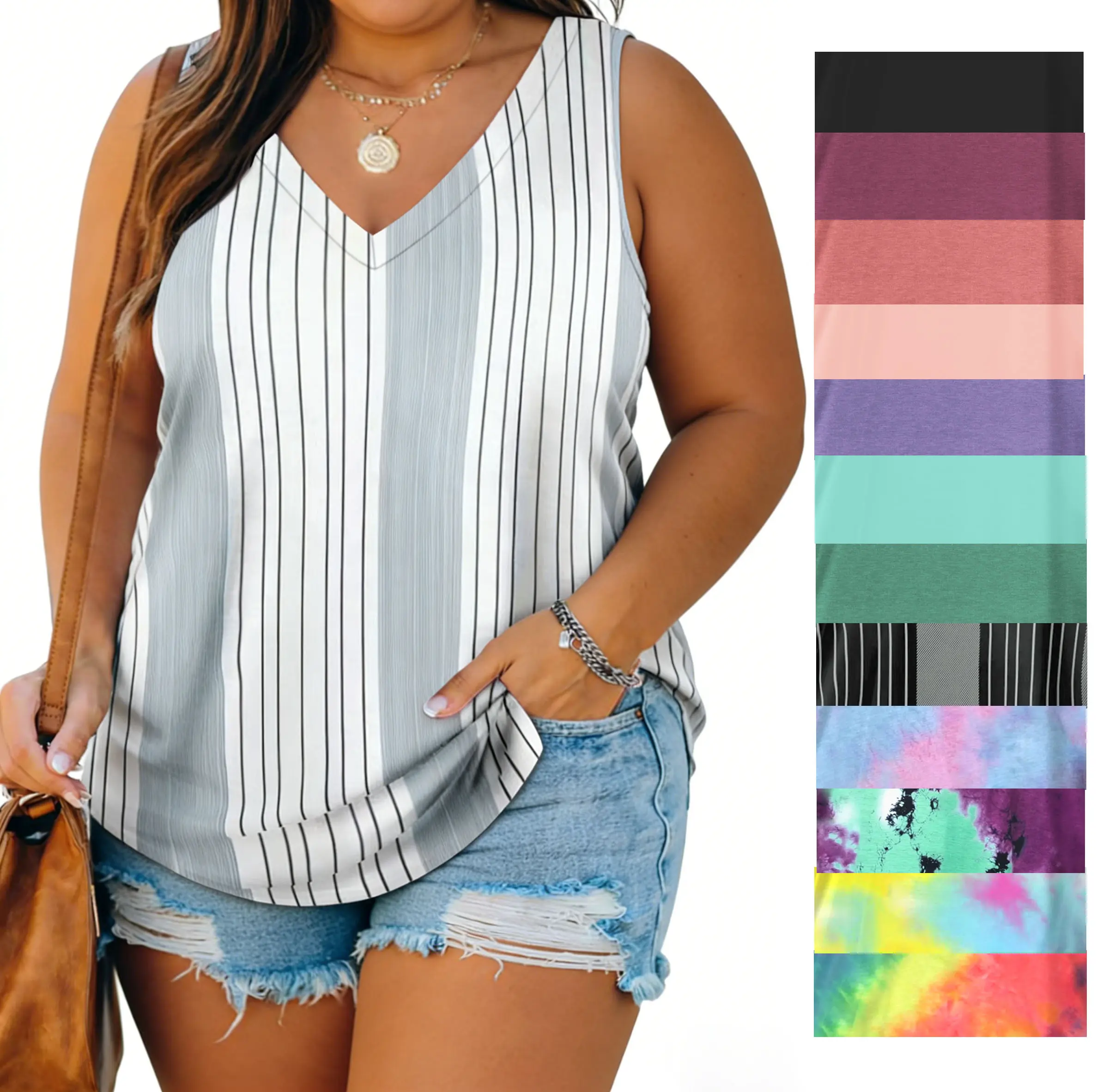 Plus Size V-Neck Tunic Tank Tops, Casual Sleeveless Loose Fit Shirt in Striped & Tie Dye Prints, Chic Comfortable Top for Summer Beach Wear Made from Breathable Fabric, White Striped, Everyday