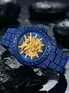 Men's Case Blue Dial Mechanical Watch, Steel Band, Diamond Bezel, Casual Style, All Seasons, Fashionable and Trendy