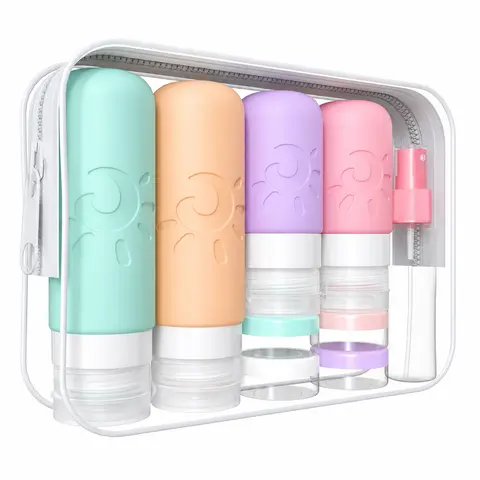 18-Pieces TSA-Approved Silicone Travel Kit - Leak-Proof Refillable Canister, 4 Silicone Travel Bottles, 2 Spray Bottles, Shampoo Conditioner Dispenser, Refillable Jar - Mini Toiletries Accessories with Labeling Sheet, Filling Funnel