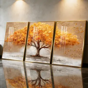 3Pcs Aluminum Alloy Framed Painting, Golden Autumn Tree Landscape Picture, Home Decoration For Living Room, Bedroom, OfficeWall Decor, Odorless Print Artwork, Luxury Perfect Gift For Friends And Family