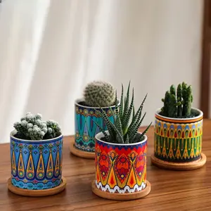 4 Piece Nordic Mandala Ceramic Plant Pots, Modern Succulent Flower Pots, Multi-Functional Indoor Outdoor Floor Planters for Home Garden Decor