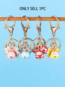 1/20pcs Cherry Blossom Lucky Cat Keychain - Round Ceramic Charm with Floating Design, Secure Clasp for Sports Fans
