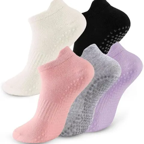 Lady's 5-Pair High Elasticity Spandex-Cotton Blend Solid Color Low Cut Activewear Socks - Breathable, Silicone Non-Slip Grip Footies for Fit Workout, Pregnancy Pilates