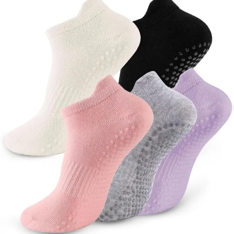 Lady's 5-Pair High Elasticity Spandex-Cotton Blend Solid Color Low Cut Activewear Socks - Breathable, Silicone Non-Slip Grip Footies for Fit Workout, Pregnancy Pilates