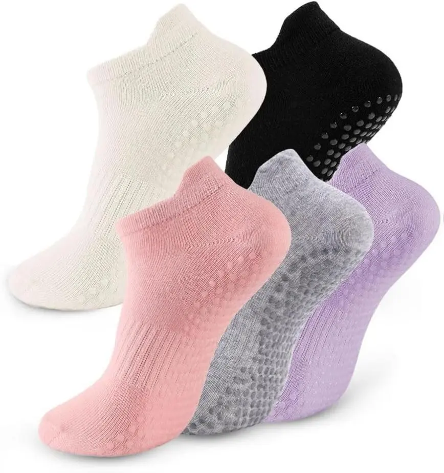 Women's 5-Pair Non-Slip Grip Socks, Breathable Low Cut Cotton Footies with Silicone Grip for Pilates, Barre, Gym & Pregnancy, Workout, Fitness, Barefoot Workouts, Home Workouts Use