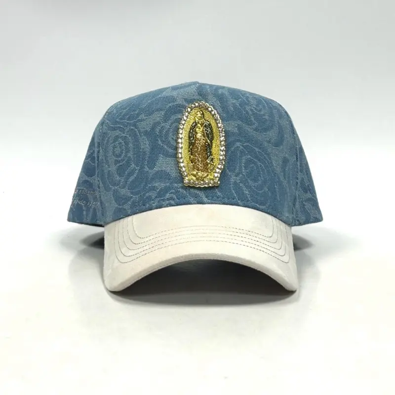 Virgin Mary Embroidered Denim Baseball Cap with Gold Embellishment