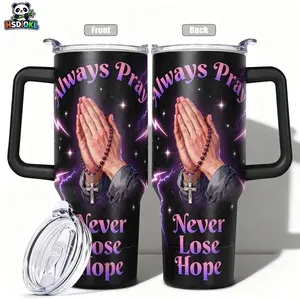 Stainless Steel Insulated Tumbler with Lid, 40oz 30oz 22oz 20oz 14oz, Double Wall Vacuum Insulated Water Bottle Hot Cold 24 Hours, Leakproof Travel Mug Stainless Steel Thermos Insulated Flask Praying Hands Cross Beads Always Pray Never
