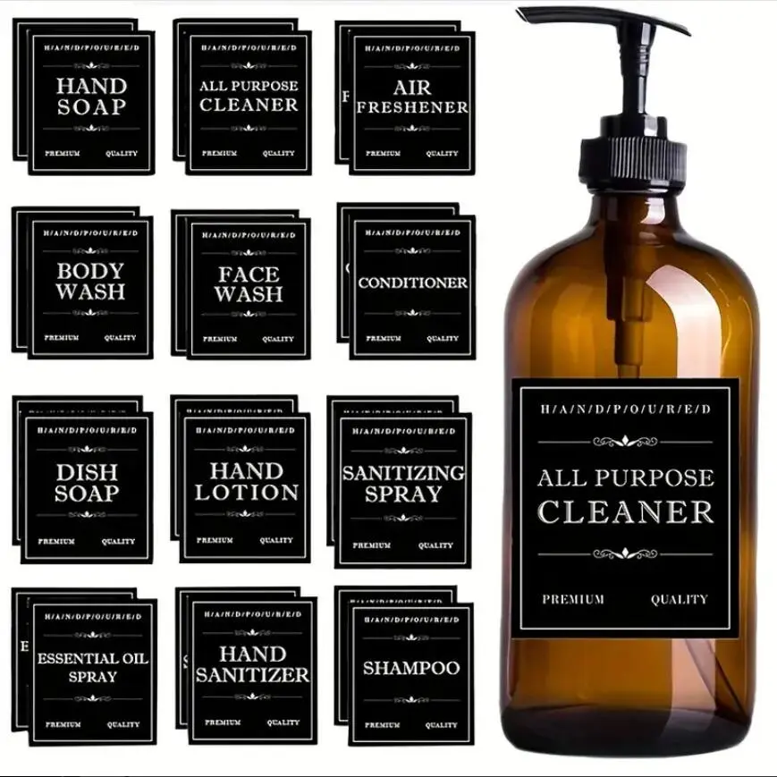 Soap & Shampoo Label, 12pcs/set Sticker Packs Waterproof Oil-proof Removable Bathroom Supplies Labels [without Soap Dispenser] Sticker Sheets Label Stickers