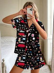 Women's Friends TV Sleepwear & Loungewear Set, Two-Piece Button-Down Short Sleeve Top & Shorts, Casual Home Wear, Comfortable Party