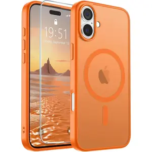 Magnetic for iPhone 16 Case with Screen Protector (Compatible with MagSafe) (Military Grade Drop Protection) Translucent Matte Shockproof Phone Cover,Starry Orange
