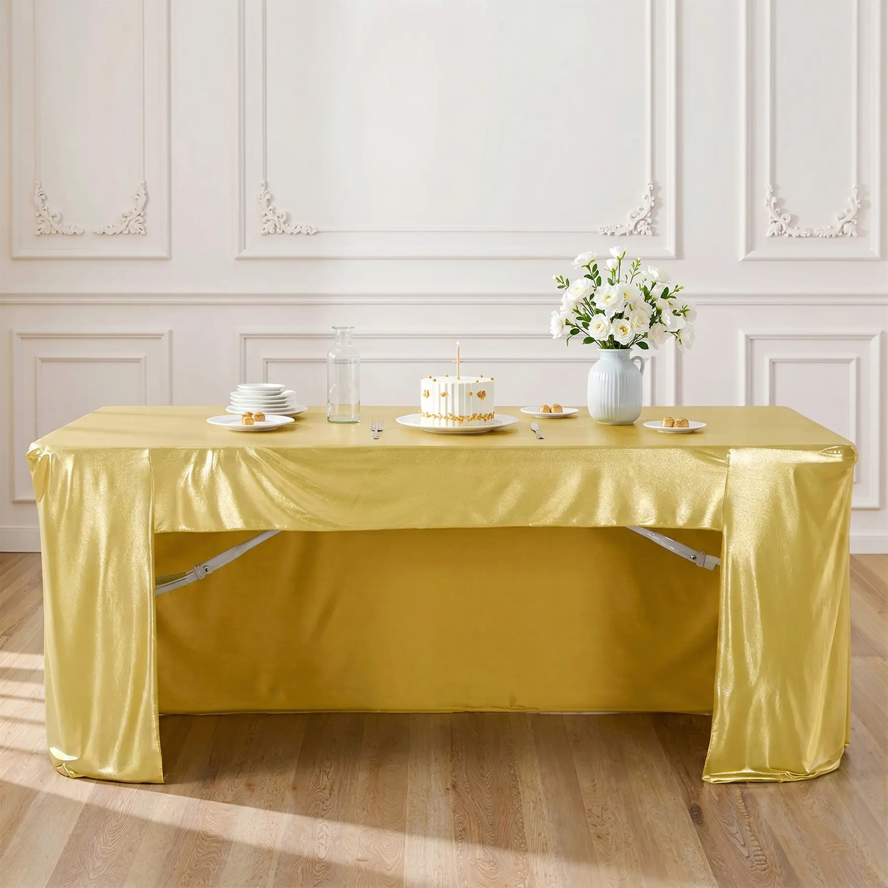 Classic Synthetic Polyester Fitted Rectangle Table Cover - Soft Gold, Shiny, Stretch, Open Front, Wrinkle Resistant, 6ft (72×29×29 inch), Floor-Length Drapes, Neat Sealed Stitching, Hand/Machine Washable, Wedding Sign-In Table Accessory, None