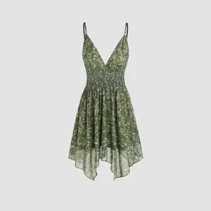 Cider [2 colors, size 0-10] Deep V-neck Conversational Backless Ruffle Cami Mini Dress