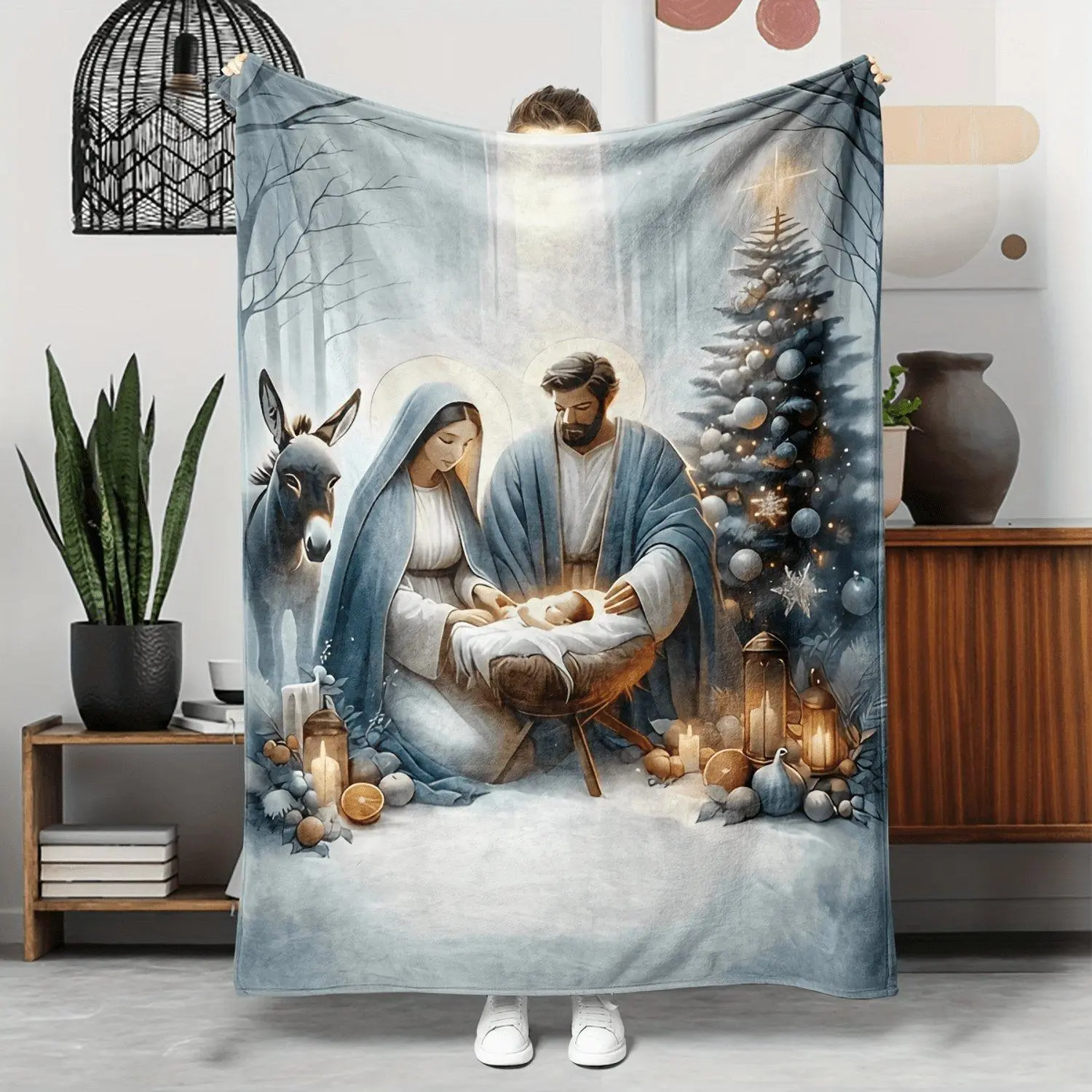 Soft & Cozy Flannel Throw Blanket - Jesus by Christmas Tree Design, Perfect for Couch, Bed, Office - All-Season, Hypoallergenic, Machine Washable