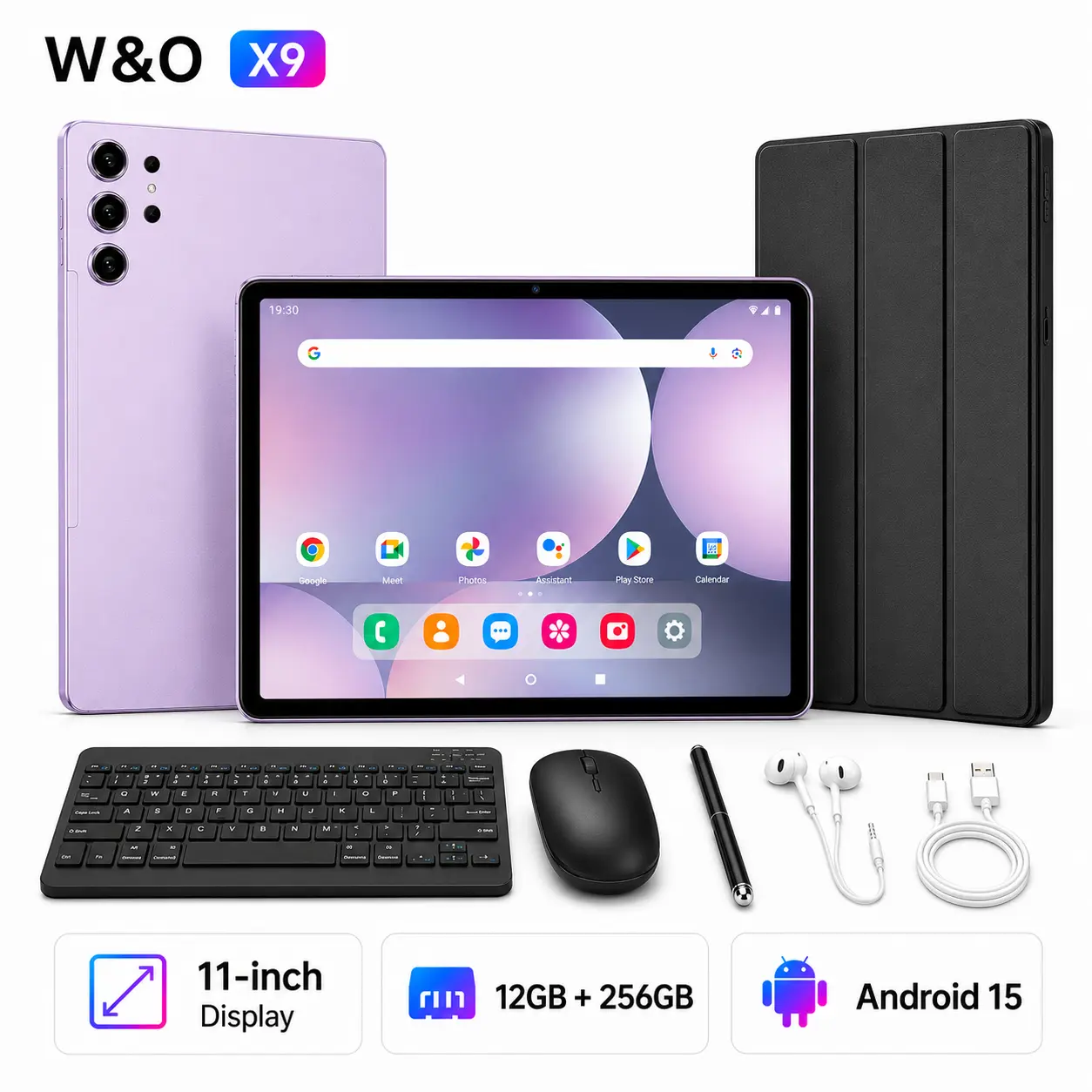 W&O X9U Android 15 Tablet, 11" Display, Big Storage, 10000mAh Battery, 5G Network, GPS, Tablet with Keyboard, Mouse, Stylus, Earphones & Protective Case for School, Work & Entertainment