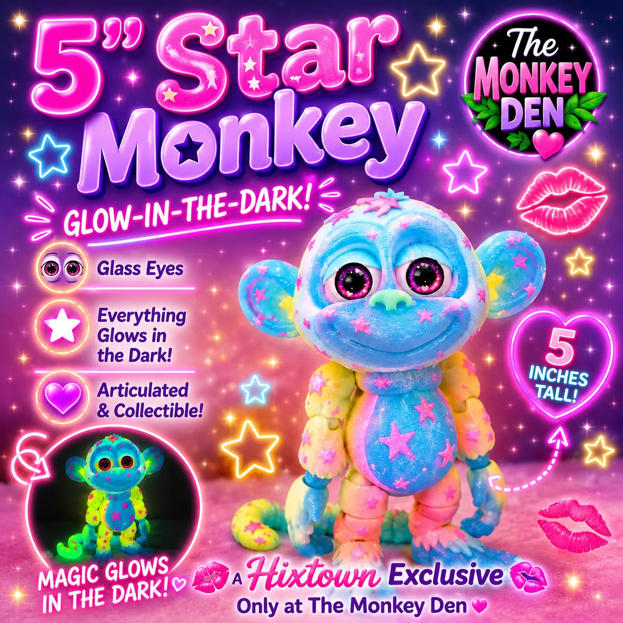 HixTown 8" Monkeys Glass eyes articulating 3d printed