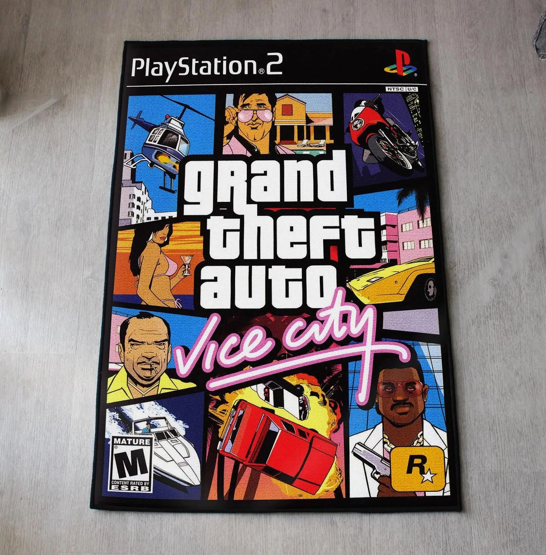 GTA Vice City Rug, Video Game Cover Art, Grand Theft Auto Vice City Tufted Rug Handmade Retro Gaming Room Decor Vice City Logo Rug – Handmade Gaming Decor for Custom Gaming Rug
