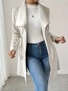 Women's Elegant Drawstring Windbreaker Jacket, Long Sleeve, Button Front, Casual Style, Waist Belted, Fall Winter Fashion