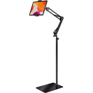 Tablet Floor Stand 360 Rotating - Adjustable Height 32.5-55 Inch Universal Phone Holder for iPad iPhone Galaxy 4.7-12.9 Inch | Hands-Free Use for Bedside Kitchen Office, Sturdy Carbon Steel Base