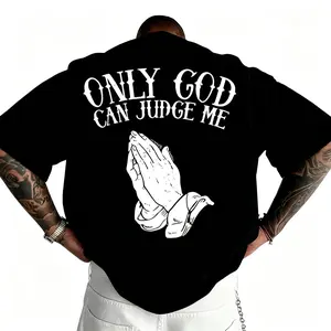 Men'S "Only God Can Judge Me" Graphic T-Shirt - Casual Crew Neck, Loose Fit Short Sleeve Top, Beige with Praying Hands Design, Cotton & Polyester Fabric