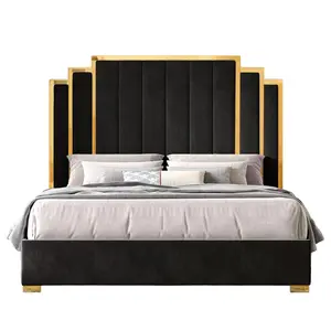 [SummerVibes]VanAcc Bed Frame and 65" Headboard, Upholstered Bed with Golden Plating Trim, Modern Platform Bed No Box Spring Needed/Christmas Gift