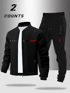 Men's Letter Print Casual Sportswear Set, 2-Piece Jacket & Drawstring Pants, Perfect for Spring & Fall Daily Wear, Streetwear Tracksuit Set