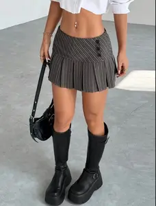 Women's Striped A-Line Skirt with Pleated Design and Button Detail 120g/m² All-Season Fashion Versatile for Various Occasions Lightweight Fabric Elegant Striped Design Comfortable Material Fit Womenswear