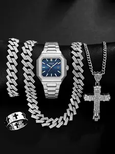 5pcs Men's Fashion Watch Set, Blue/ Dial, Cuban Chain Cross Necklace Ring, Perfect for Daily Wear, Birthday, Father's Day, Christmas Gifts