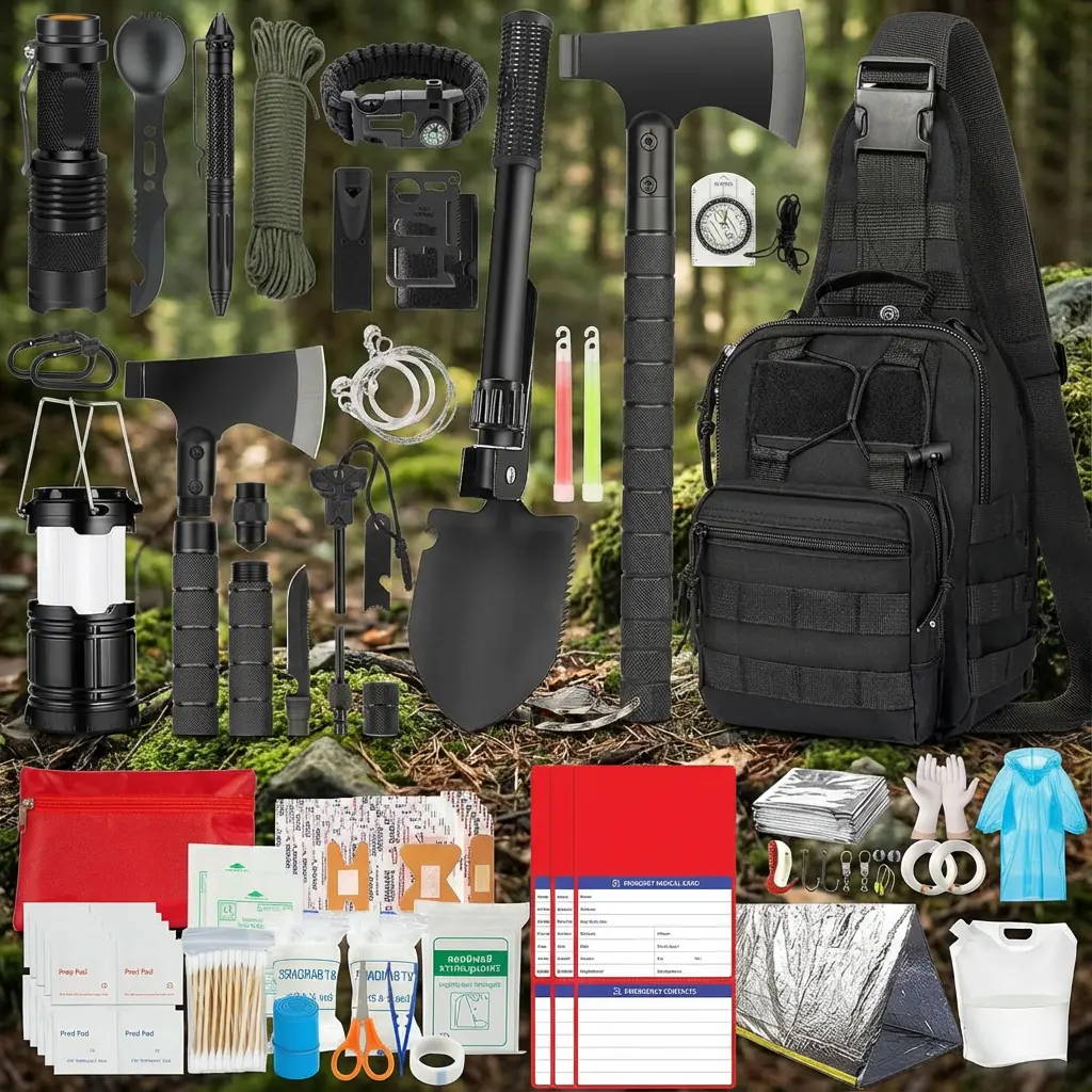 Survival Kit, 262Pcs Survival Gear and Supplies with First Aid Kit Pouch and Crossbody Bag, Emergency Kit with Tent, Camping Axe Hammer, Survival Shovel w/Pick, Bug Out Bag Gifts for Men Women Large Capacity Tactical Backpack outdoor tactical bag backpack